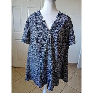 Croft & Barrow Top Womens 2X Plus Black Short Sleeve Collared Pleated‎ Button Up